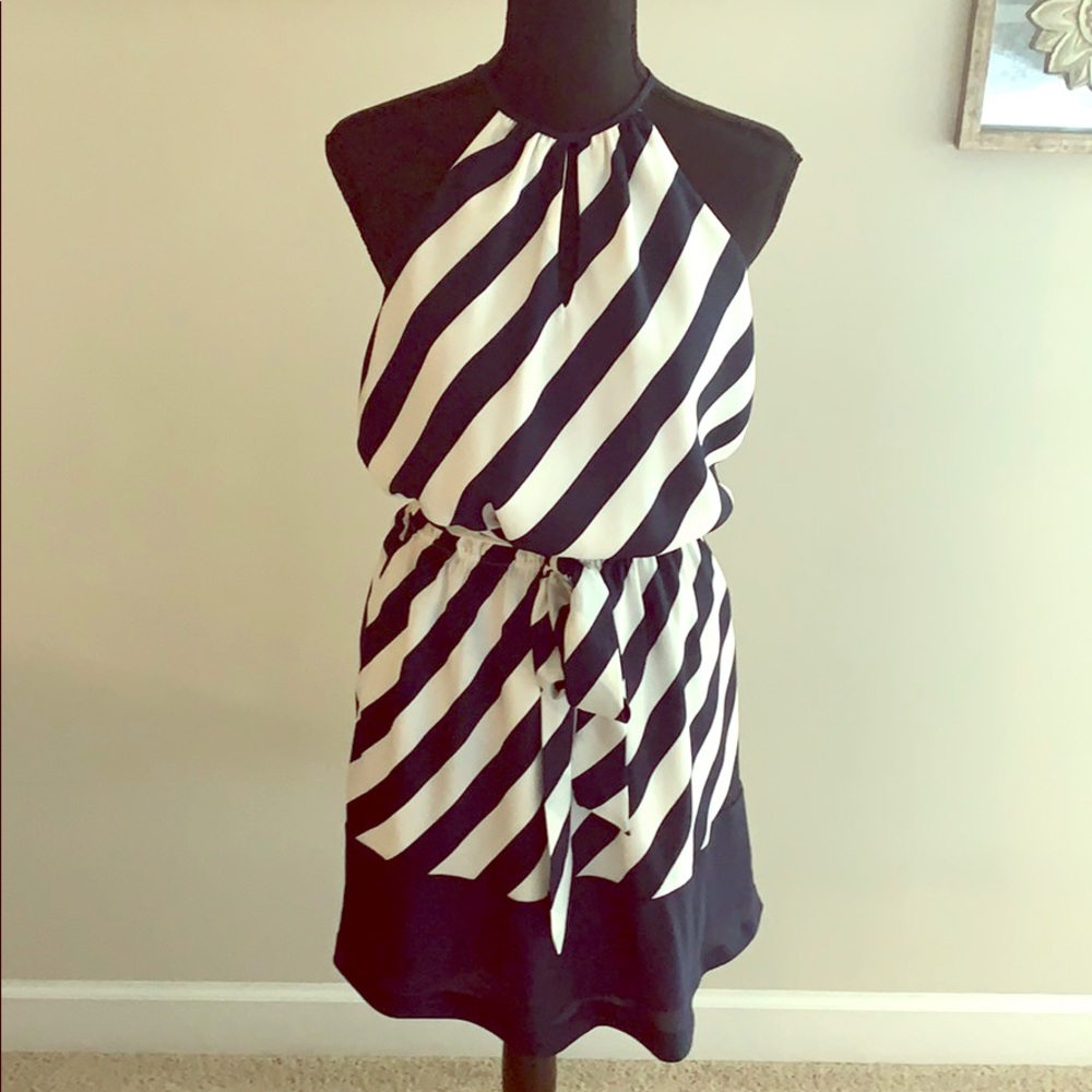 Navy and white tie waist dress